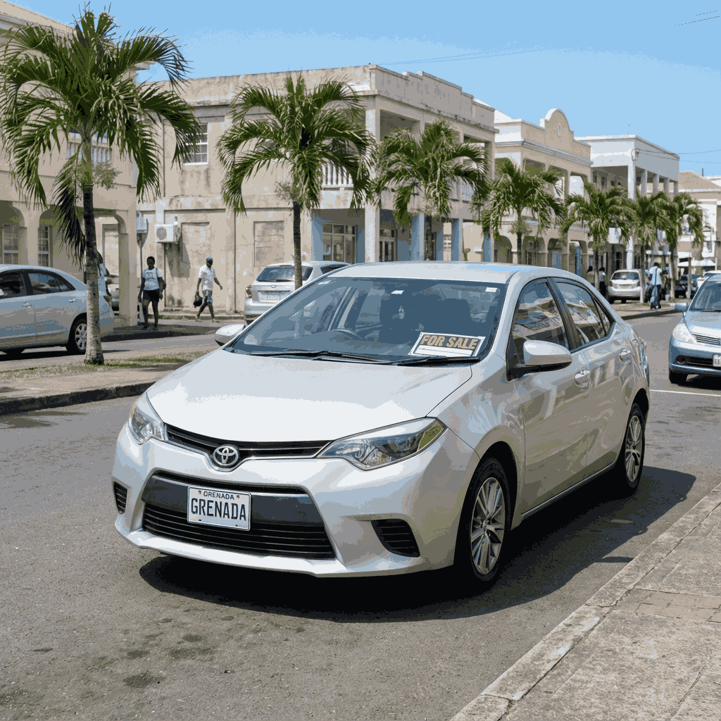 Silver Toyota Corolla parked on a palm lined street in Grenada, a reliable and fuel efficient option among the best used cars to buy in Grenada.
