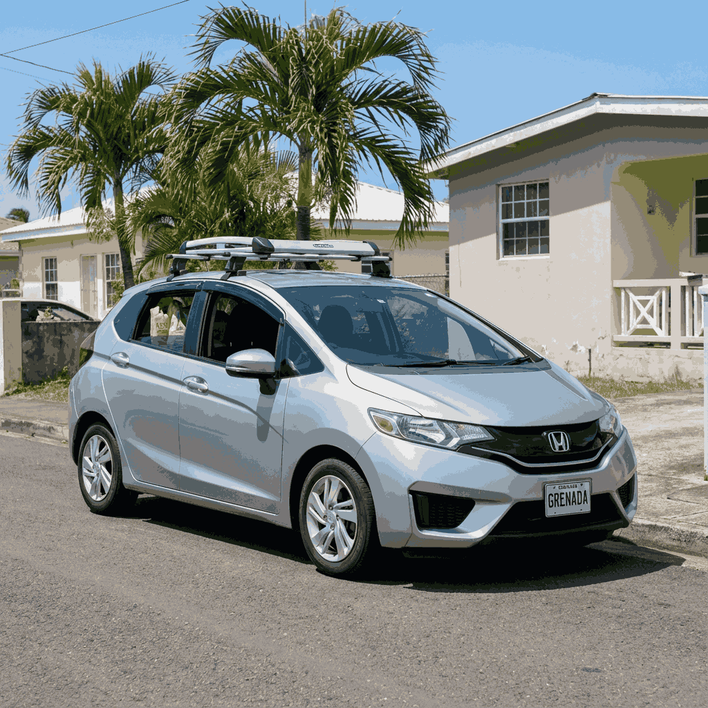 Silver Honda Fit parked on a quiet residential street in Grenada with palm trees and houses in the background.
