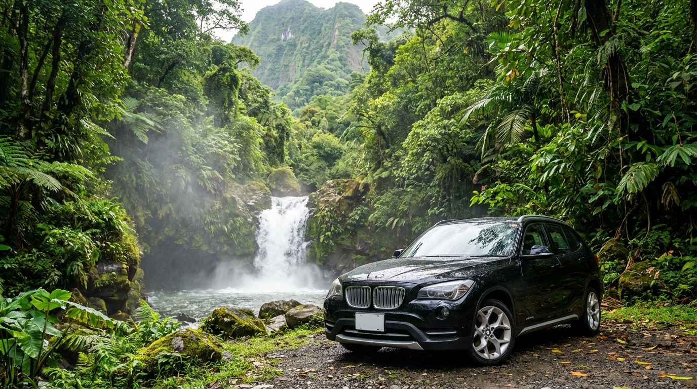 Monthly Car Rental in St. George’s parked near Annandale Waterfall for inland adventure