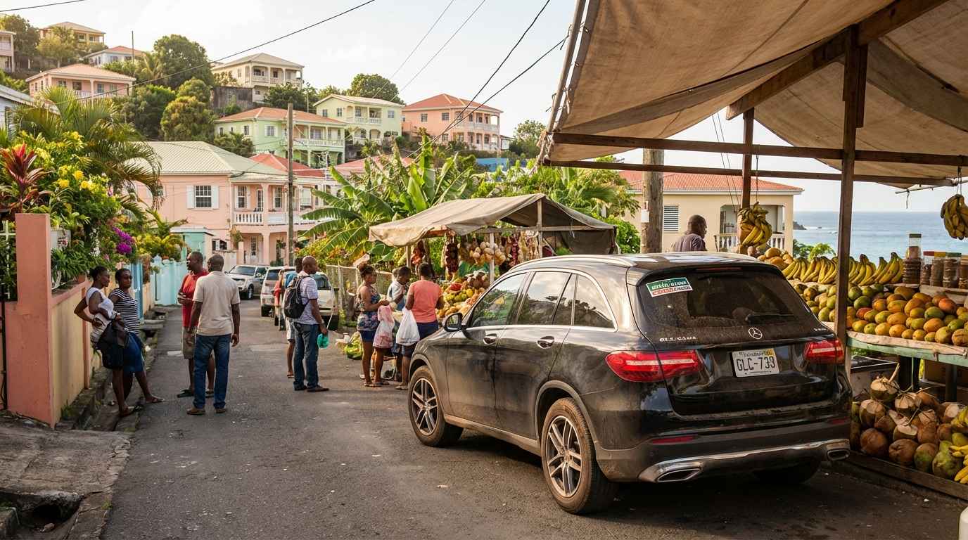 Monthly Car Rental in St. George’s parked in a neighborhood during everyday island living