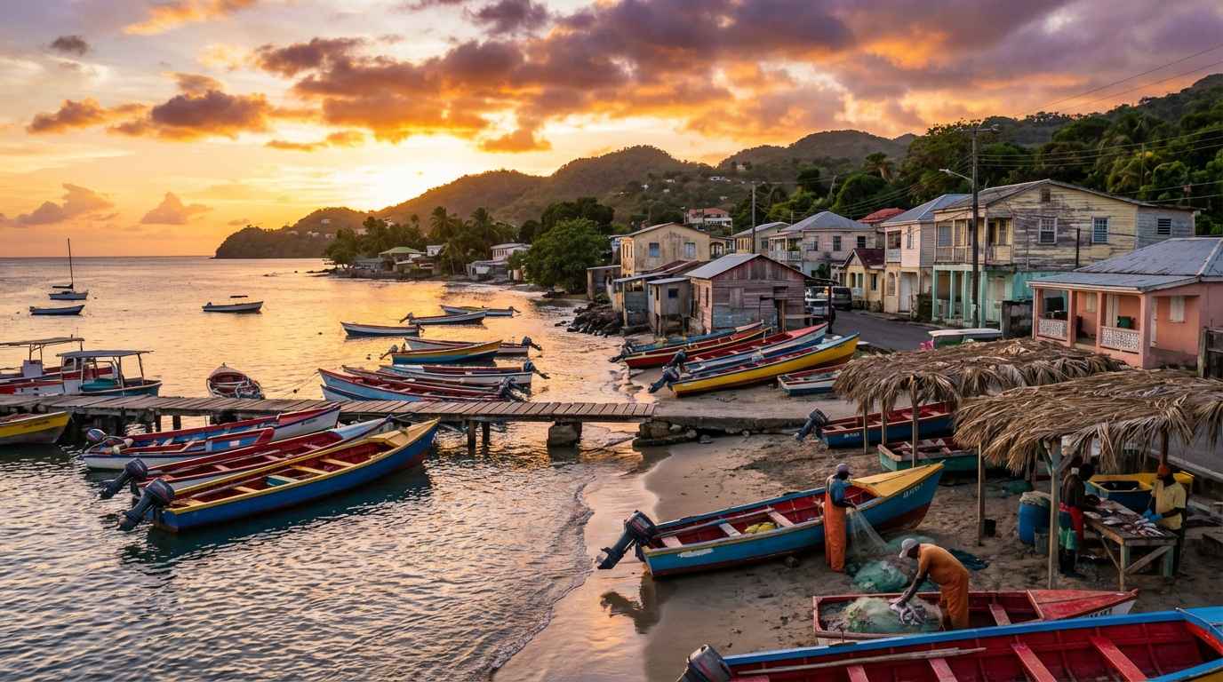 Gouyave fishing village at sunset showing colorful boats and local life in Grenada, one of the best villages to visit in Grenada.