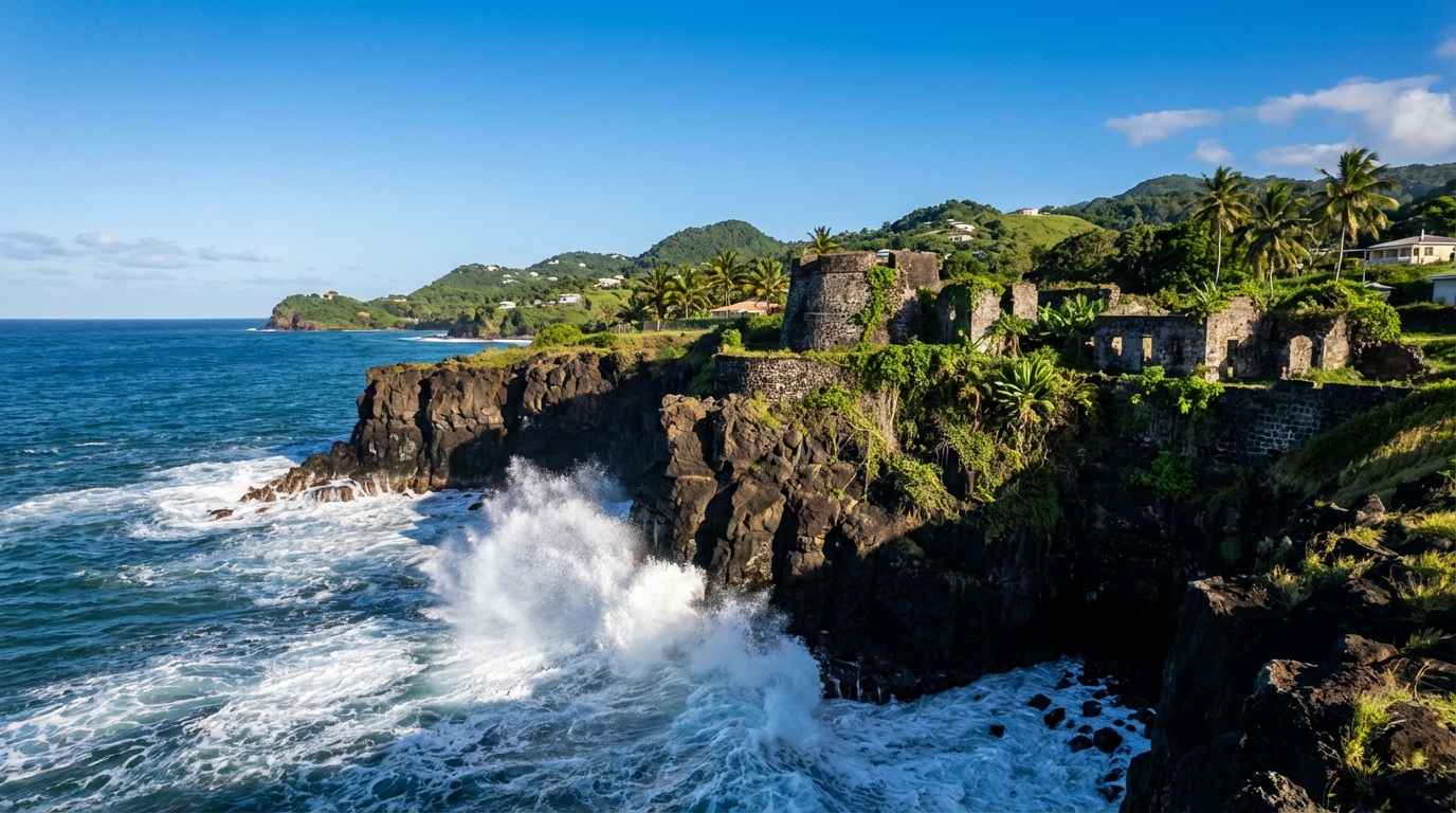 Cliffs of Sauteurs overlooking the Caribbean Sea in northern Grenada, one of the best villages to visit in Grenada.