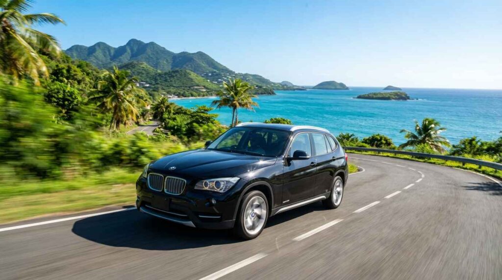 Black SUV driving along a scenic coastal road overlooking turquoise Caribbean waters and lush green hills