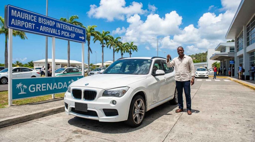 Man standing beside a white SUV at the arrivals area of Maurice Bishop International Airport in Grenada