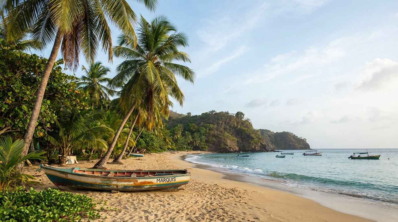 Quiet beach in Marquis Grenada with palm trees and calm Caribbean waters.