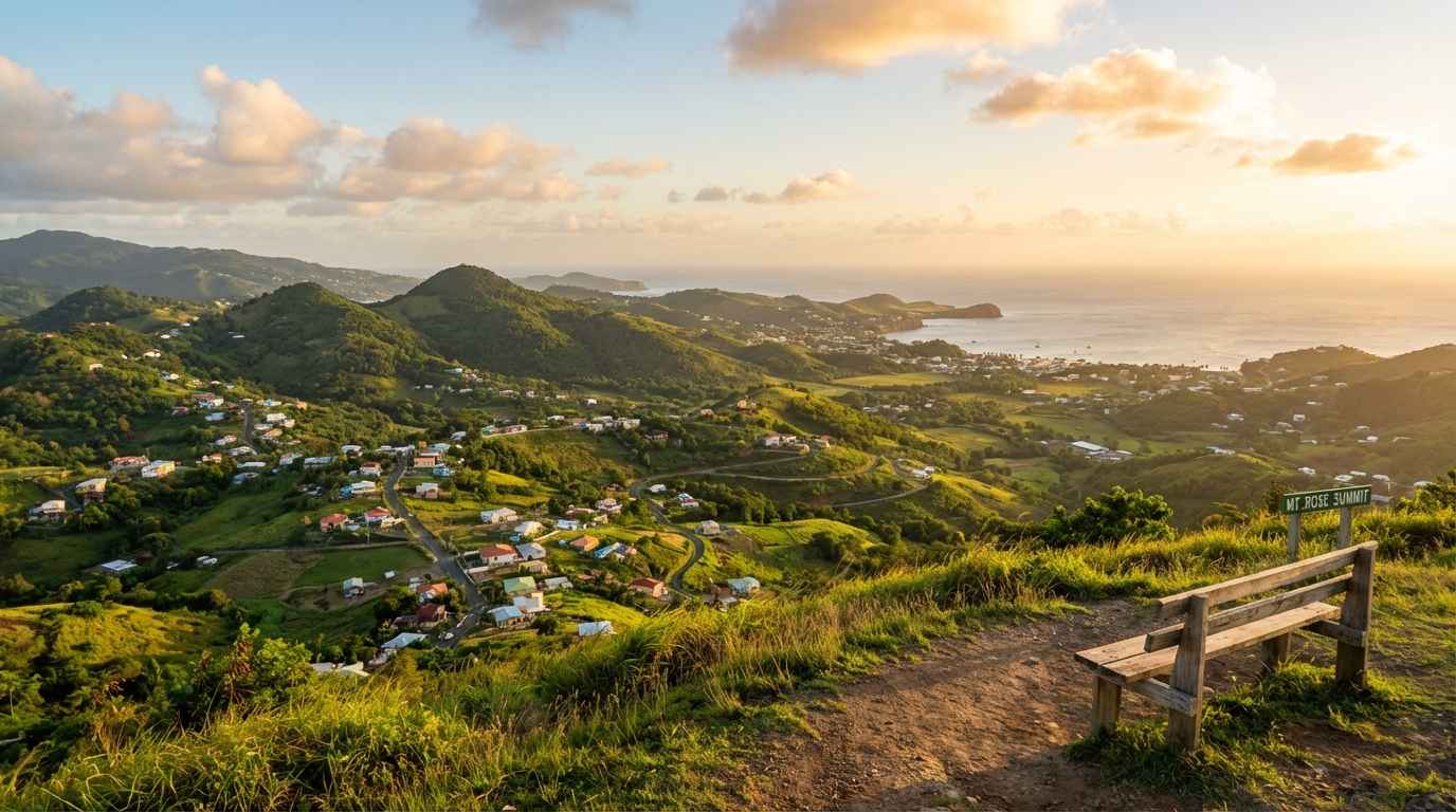 Scenic hilltop view from Mt. Rose overlooking Grenada’s coastline and countryside.