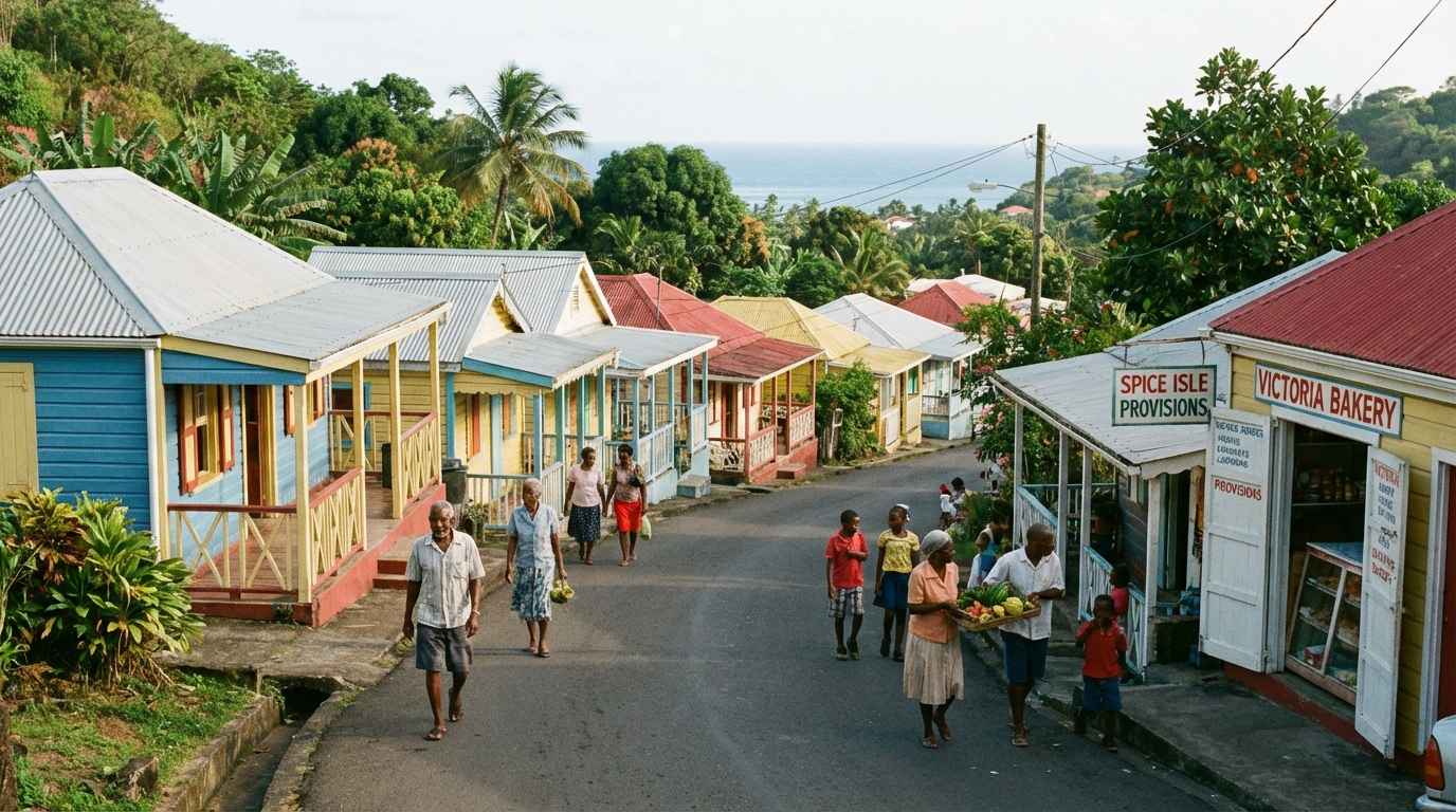 Traditional village life in Victoria Grenada with colorful homes and quiet island streets.