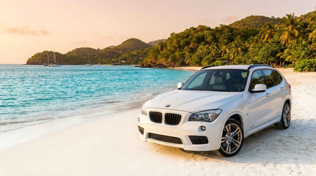 BMW X1 parked on a sandy beach in Grenada, offering an unforgettable Valentine's Day car rental.