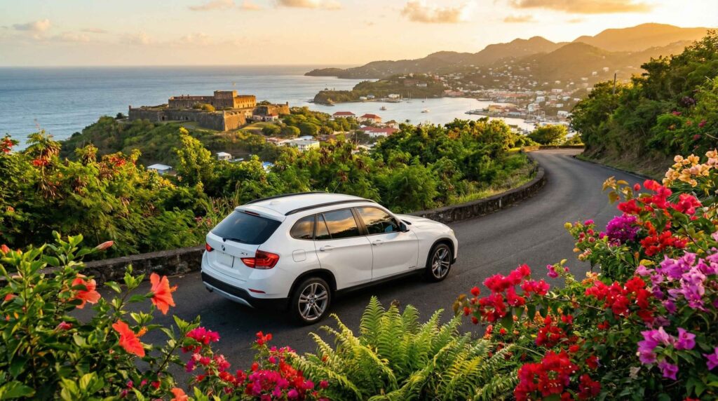 BMW X1 parked near a waterfall in Grenada, perfect for a romantic Valentine's Day getaway.