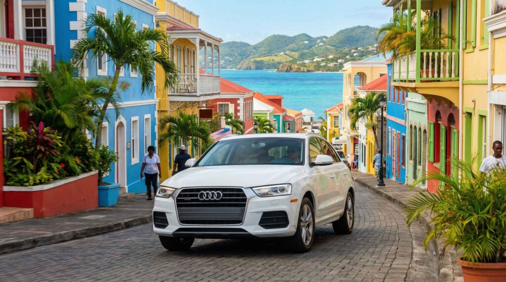 Audi Q3 driving through Grenada's city streets, showcasing an ideal car rental for urban and coastal exploration.