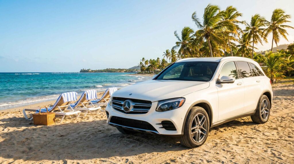 Mercedes Benz GLC250 parked at a Grenada beachfront, perfect for a luxurious island getaway.