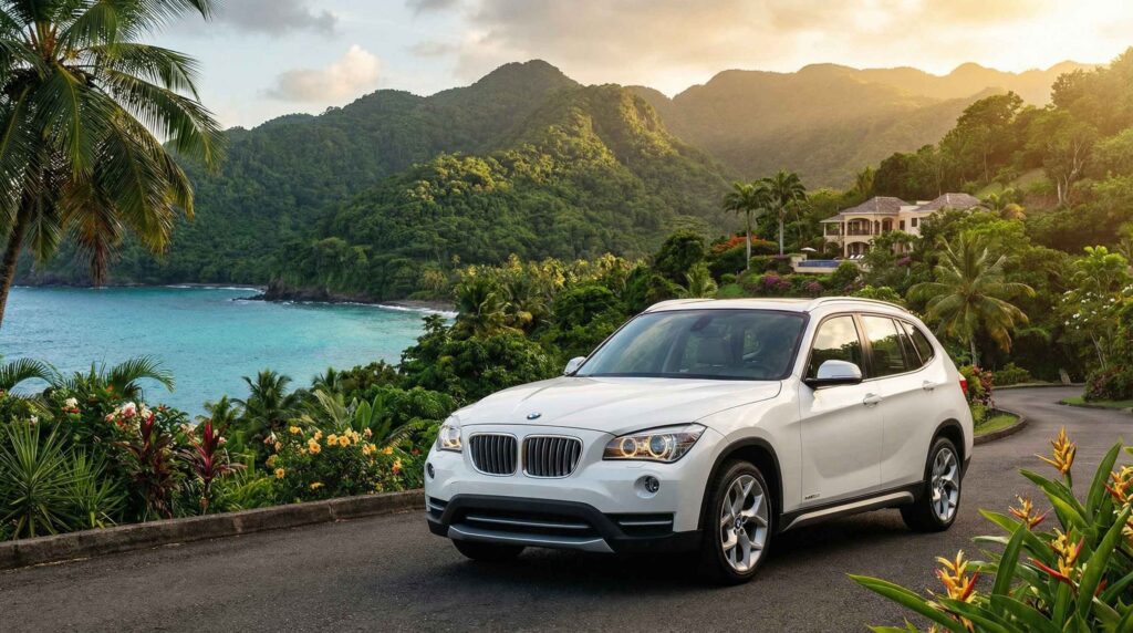 Create an image featuring a white BMW X1 parked by a scenic view in Grenada, with lush greenery and mountains in the background. The setting should evoke luxury and adventure, ideal for travelers looking to explore the island in comfort and style.