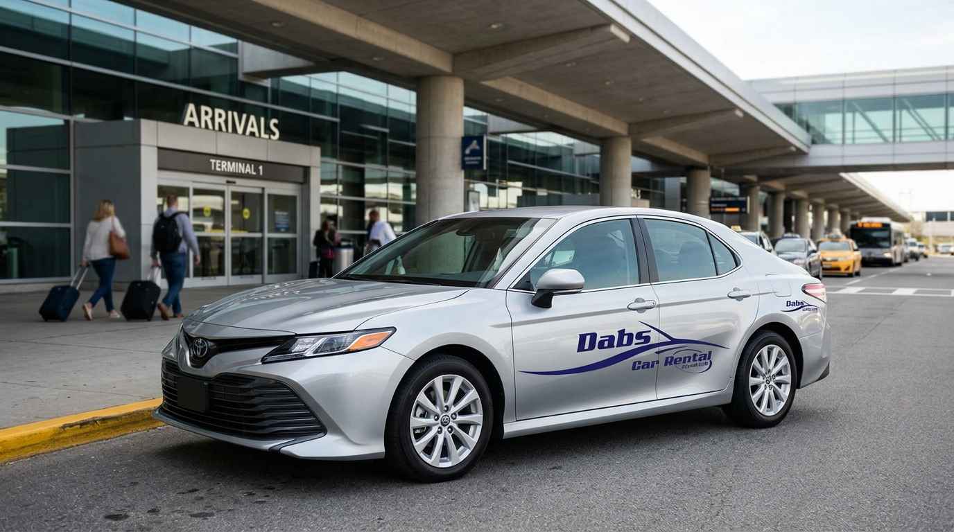 A silver car parked outside the arrivals area of an airport, with passengers walking in the background, indicating a seamless pickup experience.