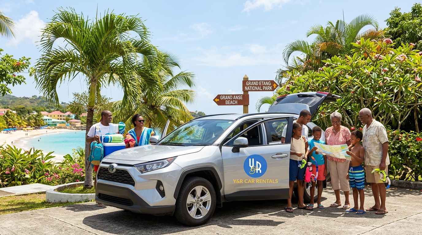 A family of four gathering around a rental SUV in Grenada, parked in a tropical setting with clear skies and lush greenery, ready for an adventure.