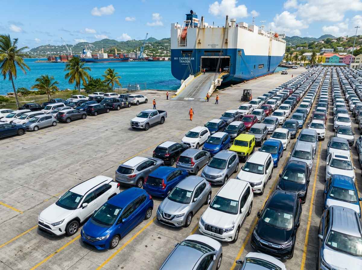 Rows of vehicles being unloaded from a cargo ship at a Caribbean port with ocean and hills in the background