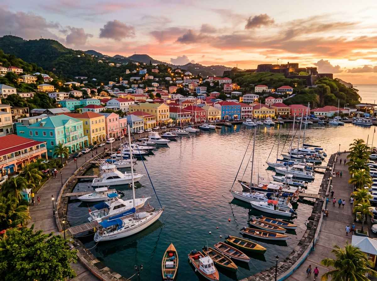The Carenage waterfront in St. George’s, one of the best photo spots in Grenada with colorful buildings and boats