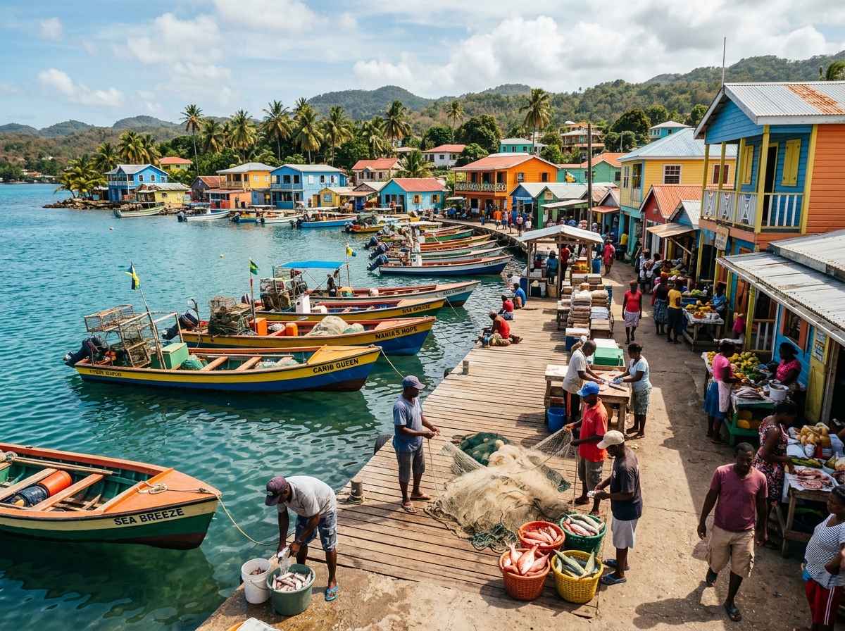 Gouyave waterfront with fishing boats and local village life
