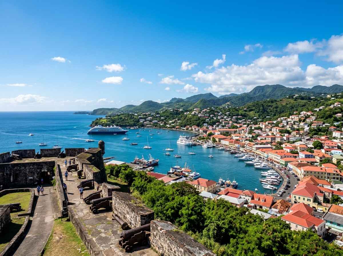 View from Fort George overlooking the harbor, one of the best photo spots in Grenada for panoramic city views