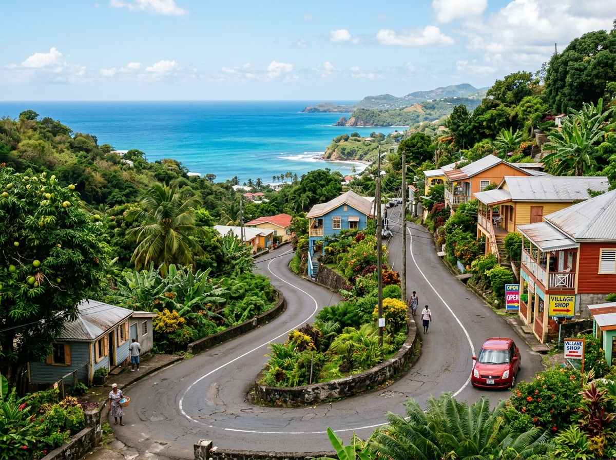 Scenic village road with hillside views and hidden lookout points in Grenada