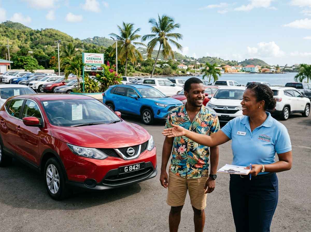 Salesperson assisting a customer while showing a vehicle at a dealership lot in a tropical setting