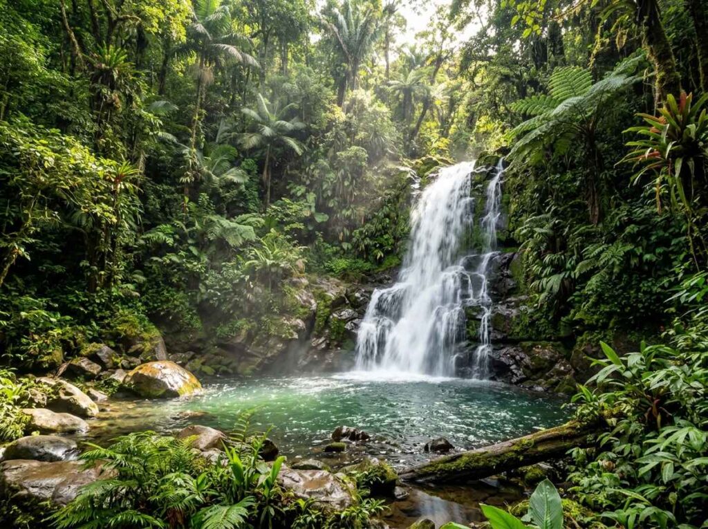 Annandale Waterfall surrounded by tropical rainforest and flowing water