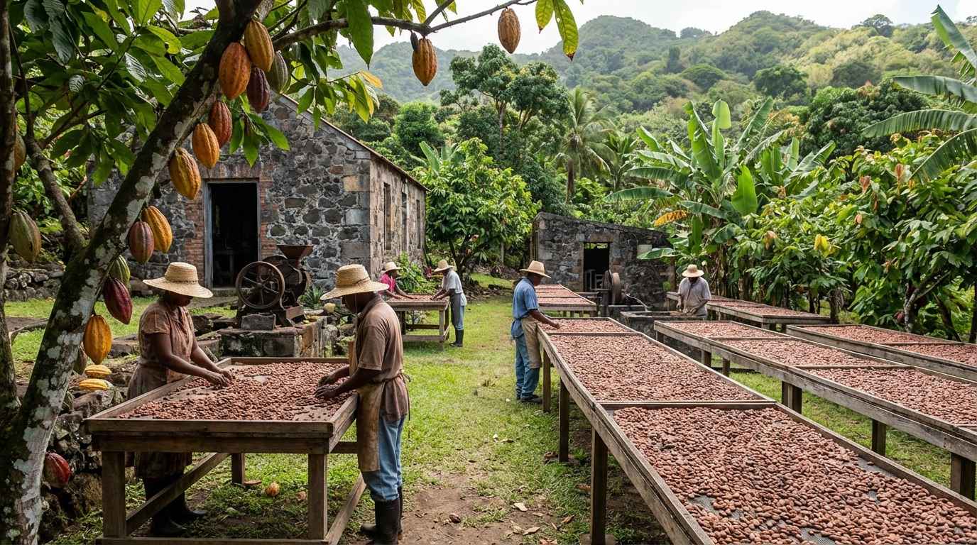 Belmont Estate cocoa plantation with traditional processing and tropical surroundings in Grenada