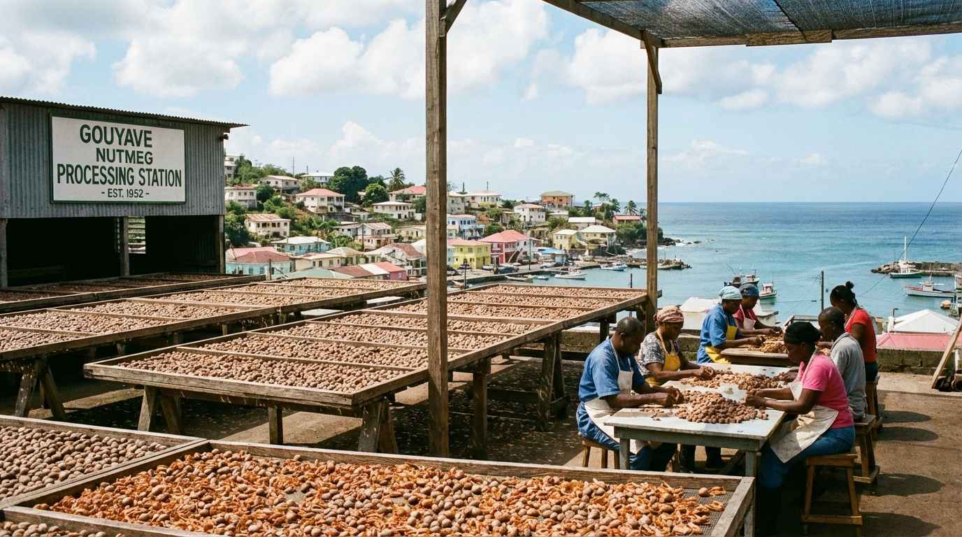 Gouyave nutmeg processing area with drying racks and coastal village atmosphere