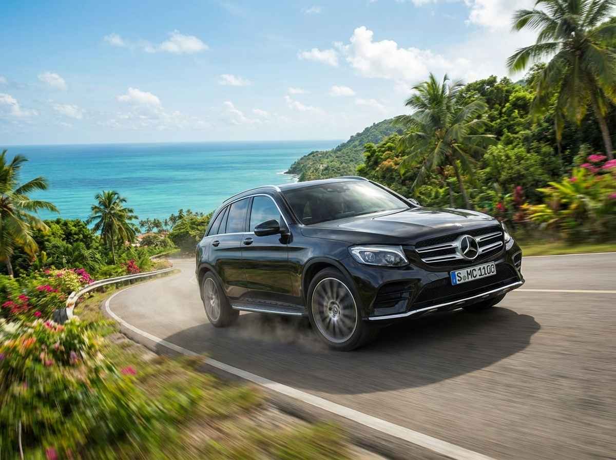 Luxury SUV driving through a scenic road with hills and coastal views