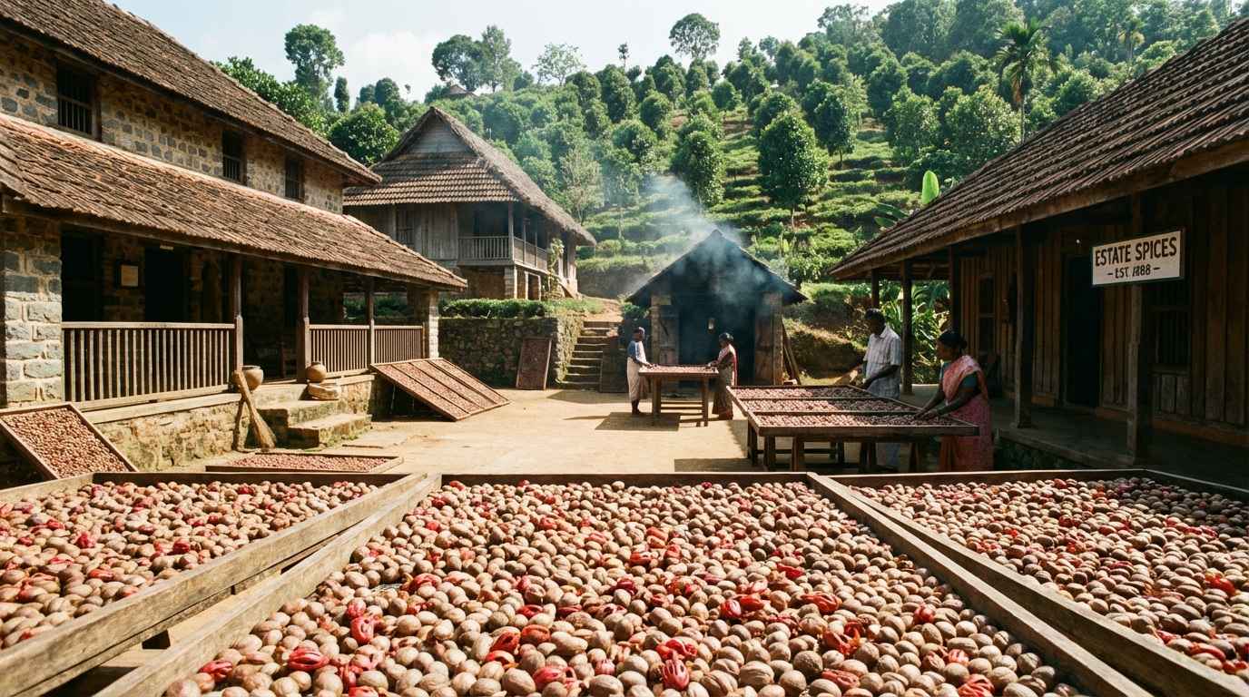 Dougaldston Spice Estate with traditional nutmeg and spice processing in a rustic setting