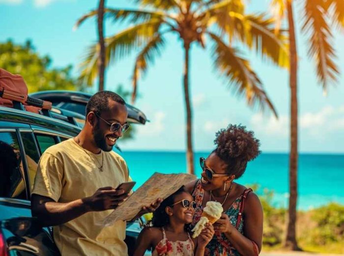 Best car rental for families in Grenada enjoying a comfortable and flexible island road trip with Dove Auto Solutions