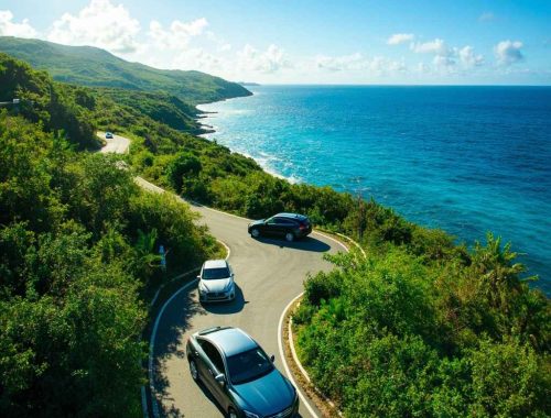 Modern rental cars driving along a coastal road in St John, Grenada, symbolizing Dove Auto Solutions’ dependable car rental service.