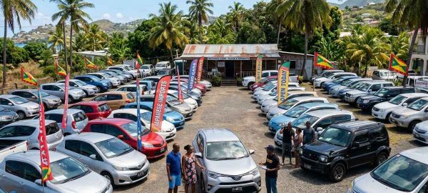 Auto Dealerships on Grenada Island showcasing compact cars and imported Japanese vehicles in a tropical setting