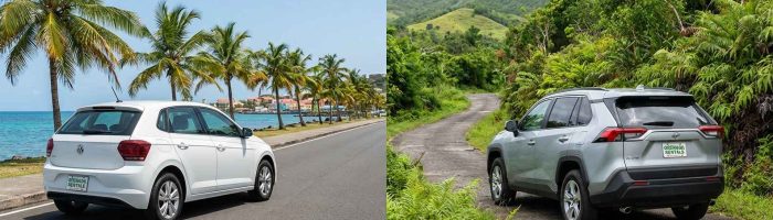Compact car and SUV rental options in Grenada for 2026 travel, showing coastal and hillside driving conditions