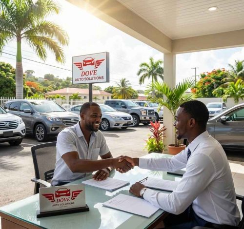 Customer and salesperson shaking hands after completing a car purchase at a dealership