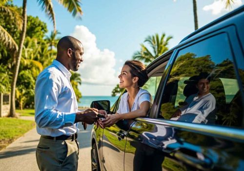 Dove Auto Solutions agent handing car keys to traveler beside SUV in St Mark Grenada