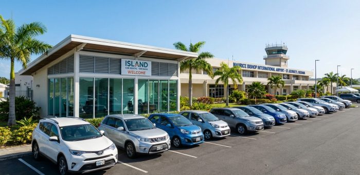 Car rental service at Maurice Bishop International Airport, Grenada, featuring a modern office and a selection of rental cars parked outside the terminal. The bright and welcoming setting highlights the easy access to vehicles, with clear skies and a tropical atmosphere in the background.